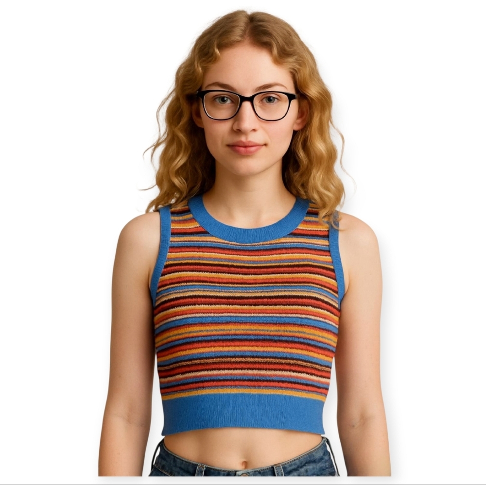 Urban Revivo Blue Red Striped Lightweight Knit Tank Top Womens Size 6